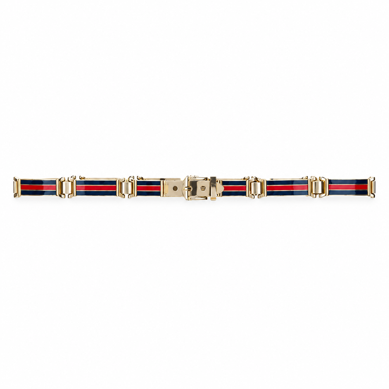 Vintage 1970s Gucci metal link belt with striped pattern, showcasing bold metal links and colorful striped design.