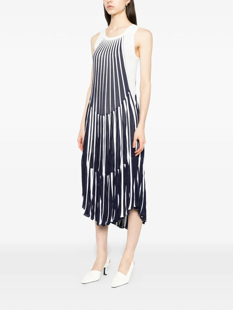 Blue & White Pleated Striped Dress