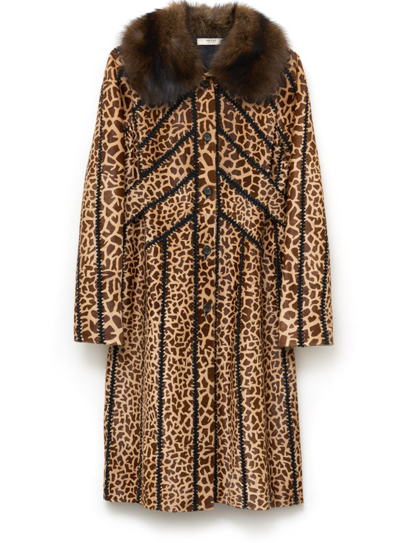 Printed Leather Coat with Fur Collar