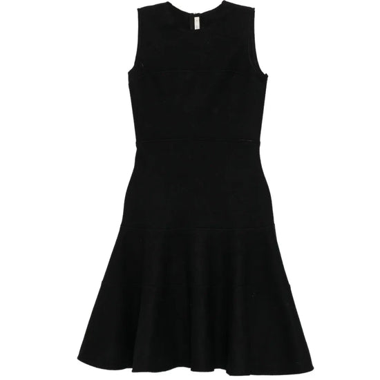 Black sleeveless wool dress by Prada, showcasing a stylish and elegant design with clean lines and a fitted silhouette.