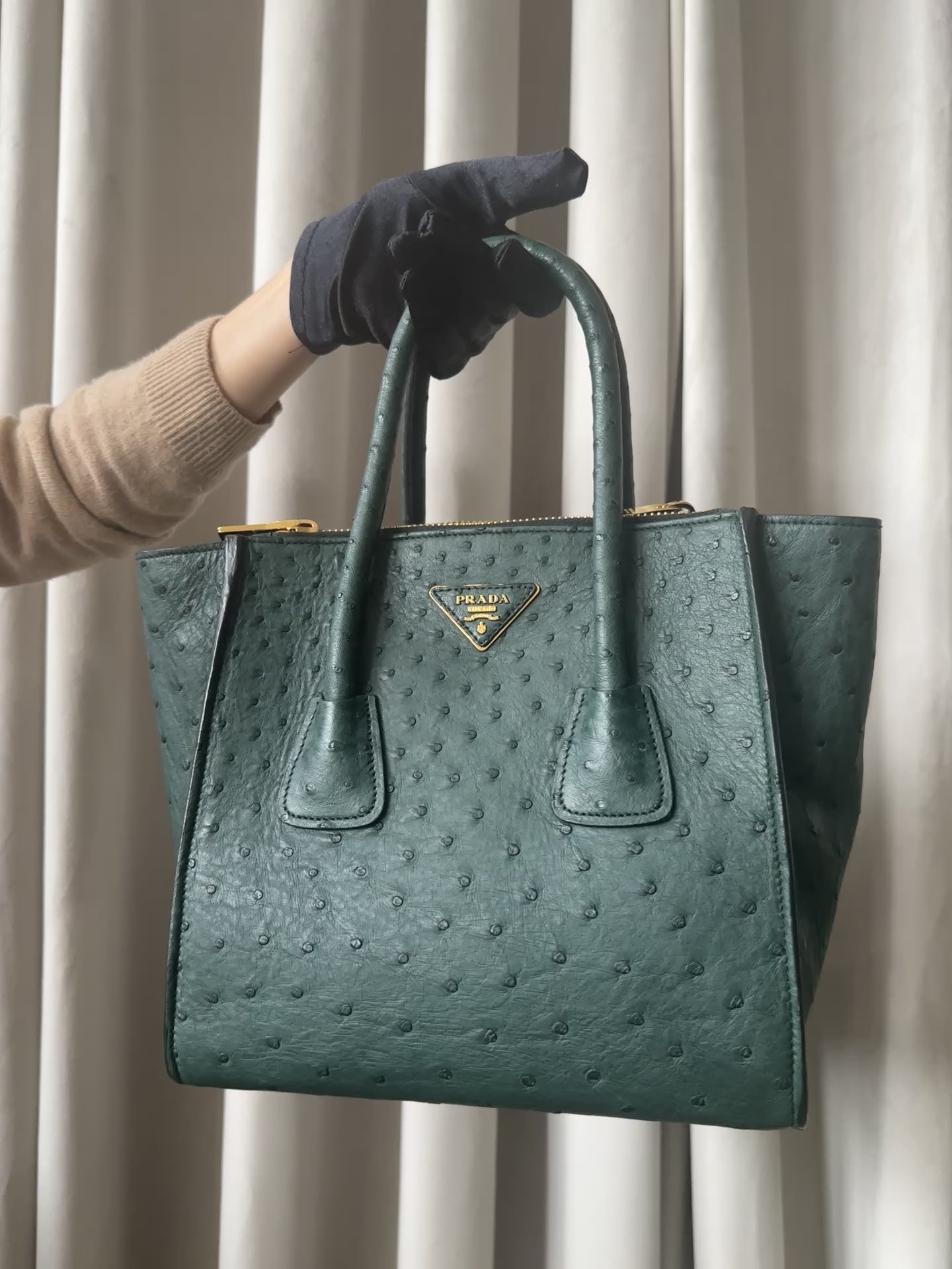 Prada emerald ostrich leather tote
