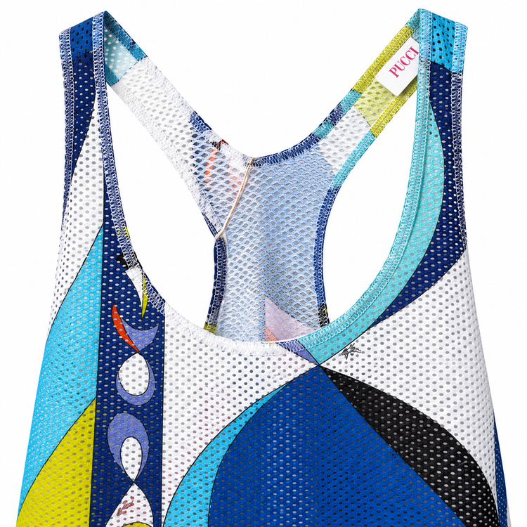 Emilio Pucci printed mesh tank top featuring a colorful, breathable sleeveless design for stylish summer wear.