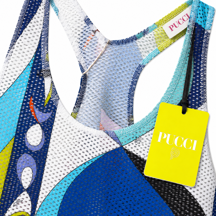 Emilio Pucci printed mesh tank top with colorful geometric pattern, sleeveless design, lightweight and stylish for casual wear.