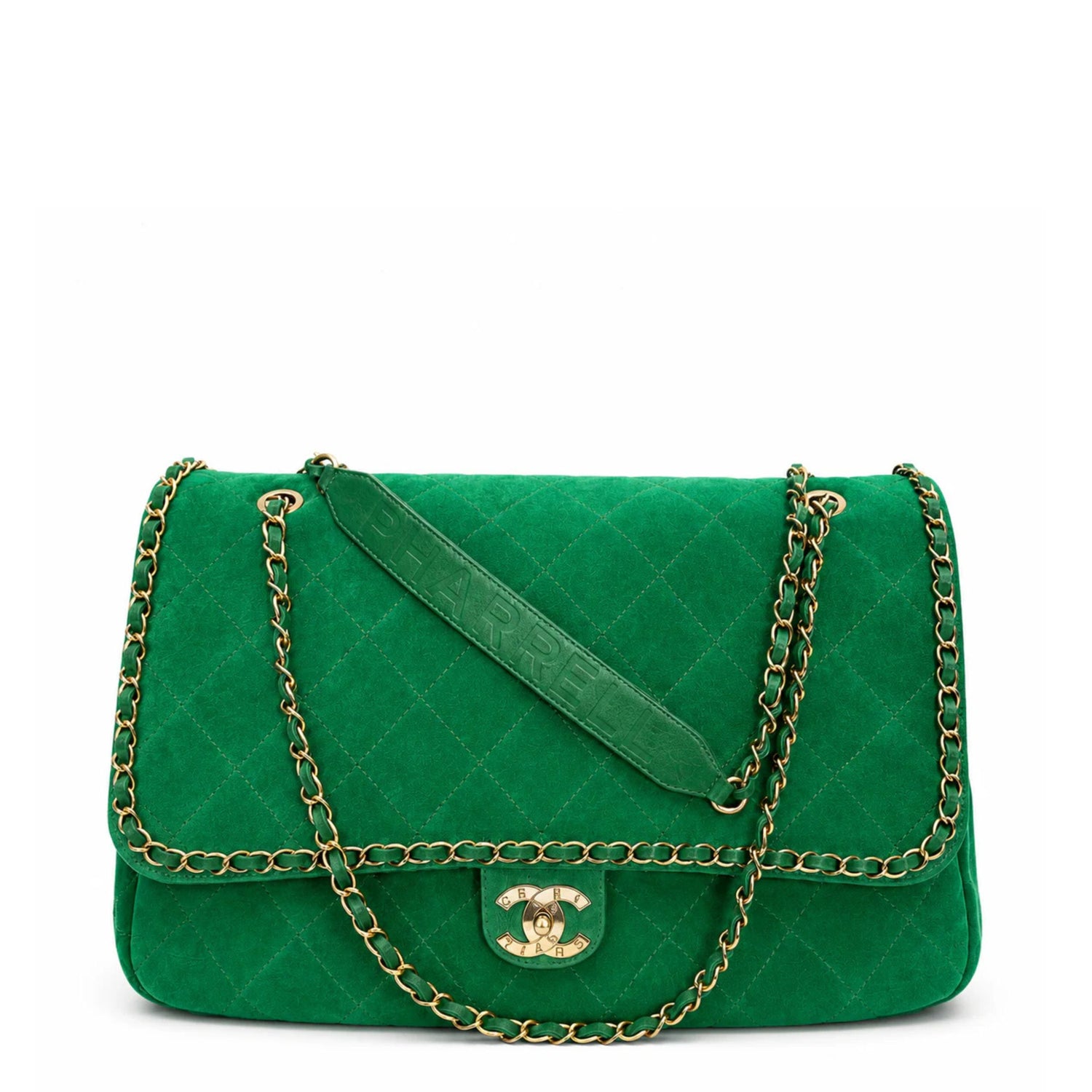 A green quilted suede shoulder bag with a silver-tone chain strap, shown from the back on a white background.