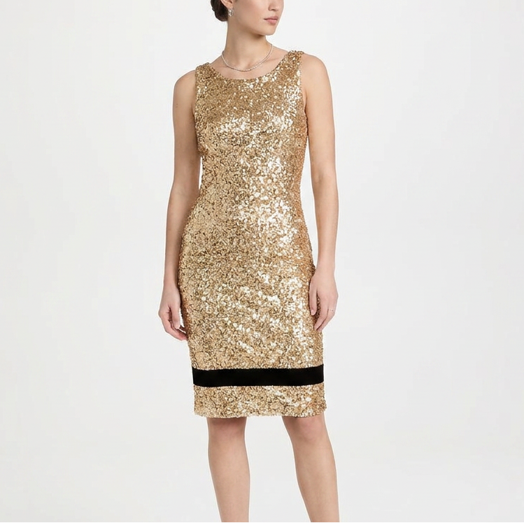 Gold sequined silk midi dress by Dolce & Gabbana, featuring a fitted silhouette and elegant design for formal occasions.