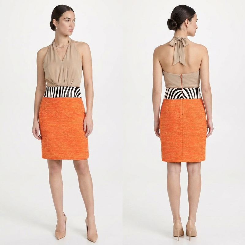 Colour-Block Halterneck Dress with Zebra Print Panel