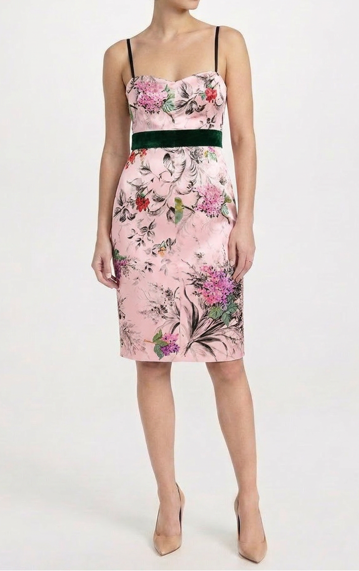 Pink Floral Silk Midi Dress