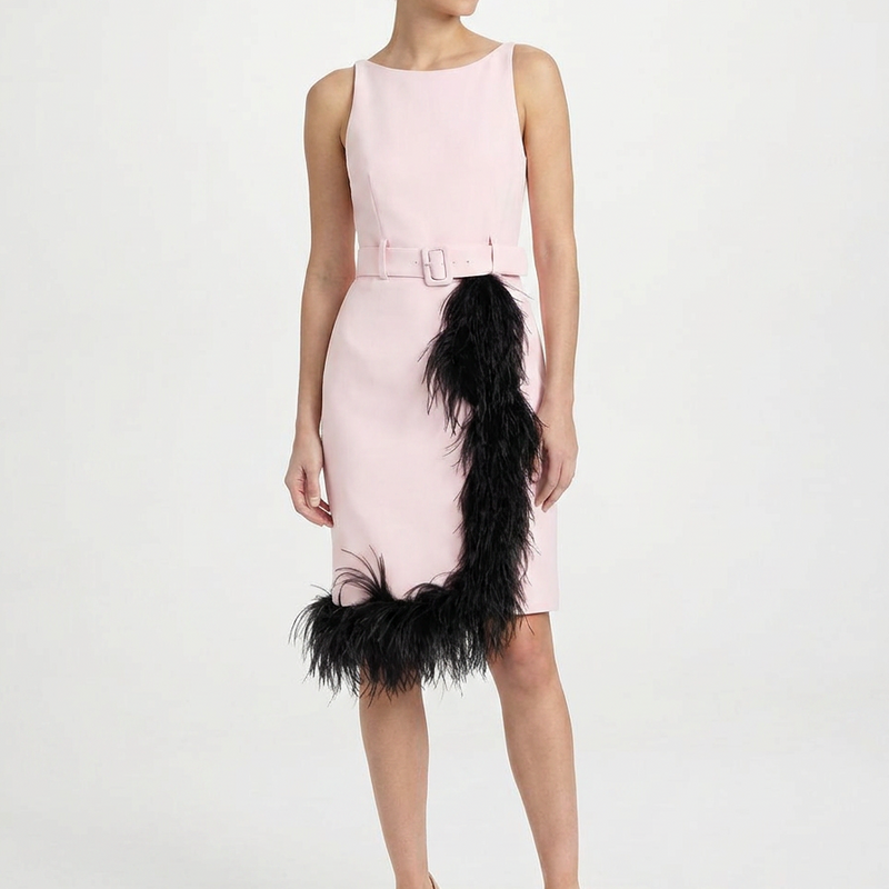Pink Prada feather trim belted midi dress with elegant design and flowing fabric, showcased on a model.