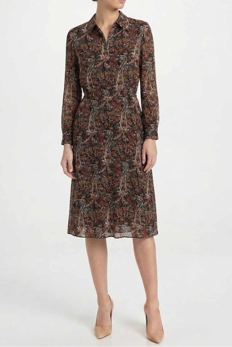 Saint Laurent paisley print midi dress with flowing fabric and long sleeves, showcasing elegant bohemian style.