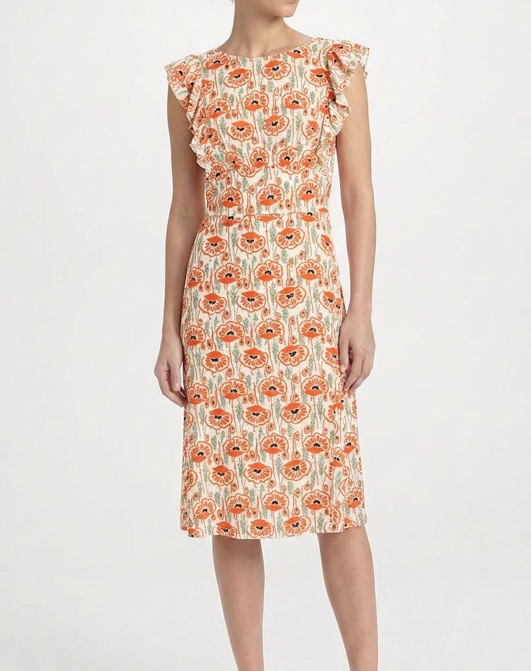 Prada floral ruffled midi dress with a fitted bodice and flowing skirt, featuring vibrant flower patterns and ruffle details.