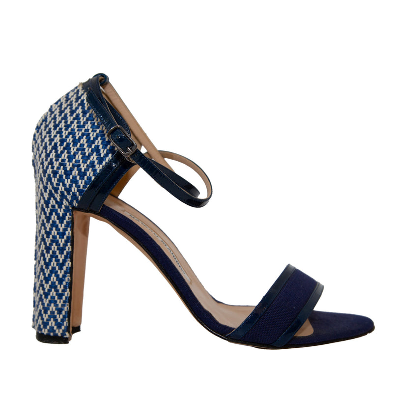 Manolo Blahnik Blue and White Zigzag Block Heel