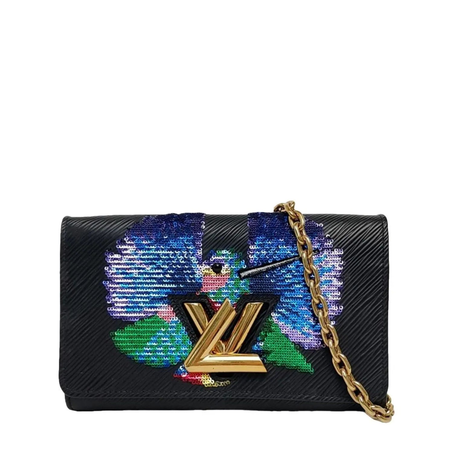 Louis Vuitton Epi Sequin Bird Twist Wallet On Chain shoulder bag in black leather with chain strap and sequin bird embellishment.