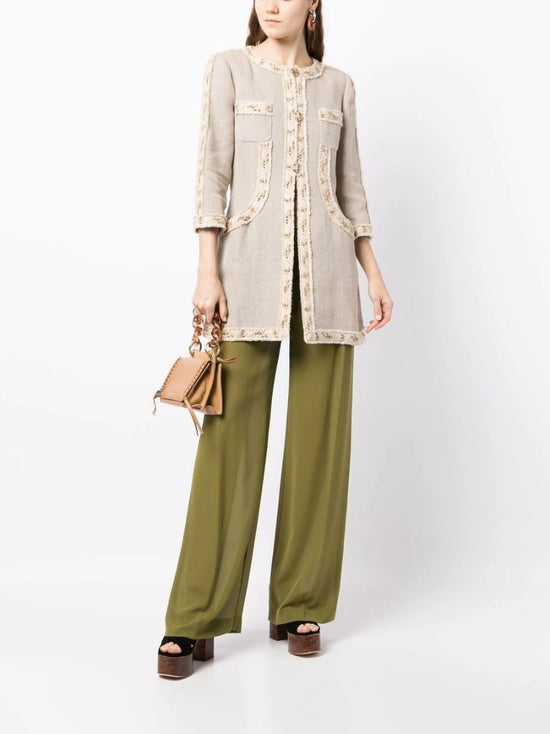 Beige Appliqué Detailing Collarless Linen Coat - Rewind Vintage Affairs