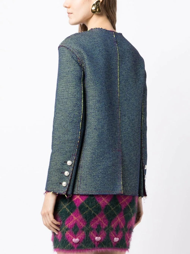 Frayed Collarless Jacquard Jacket - Rewind Vintage Affairs