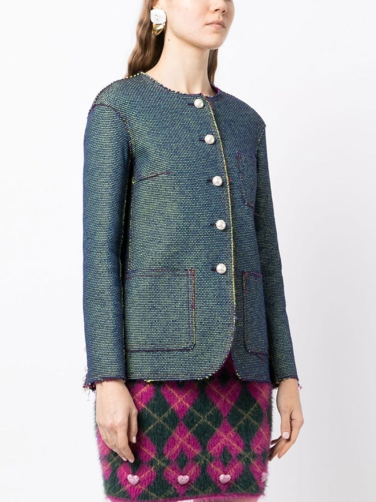 Frayed Collarless Jacquard Jacket - Rewind Vintage Affairs