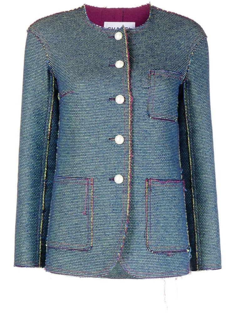 Frayed Collarless Jacquard Jacket - Rewind Vintage Affairs