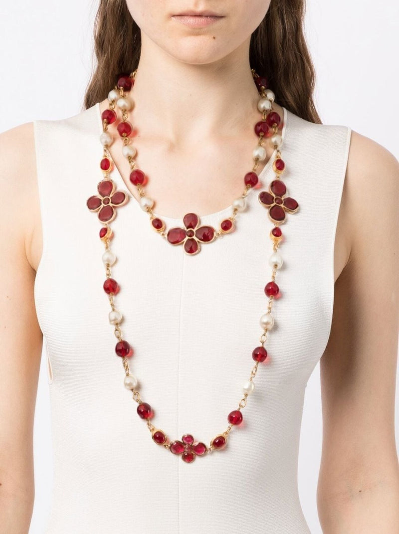 Gripoix Pearl Bead-Detailed Necklace Red Chanel