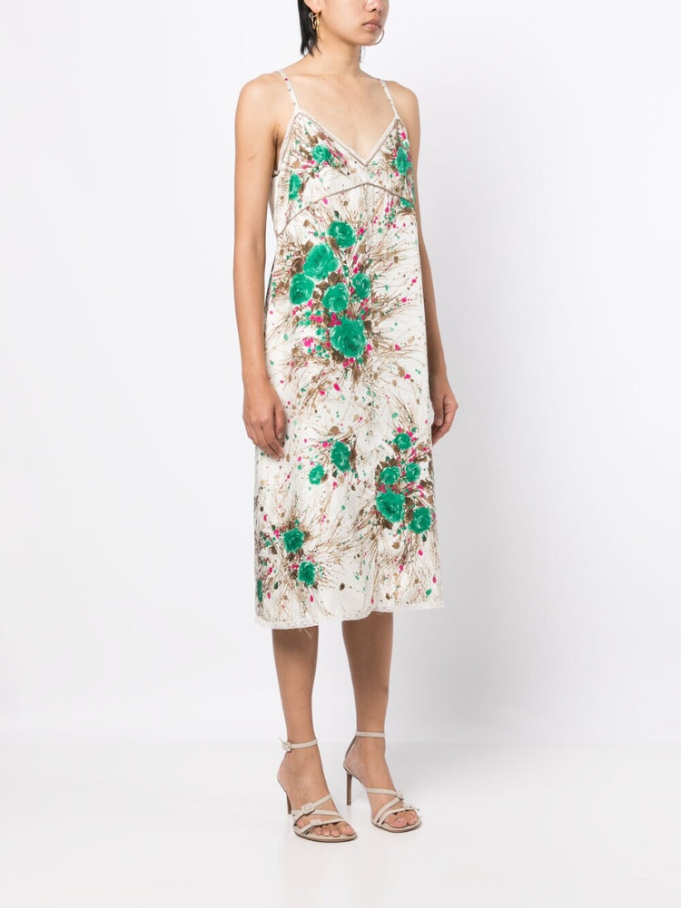 Floral Print Silk Slip Midi Dress - Rewind Vintage Affairs