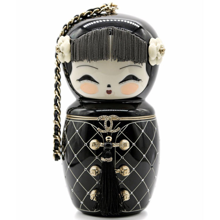 Black Plexiglass & Enamel Paris-Shanghai China Doll Minaudiere - rewindvintageofficial