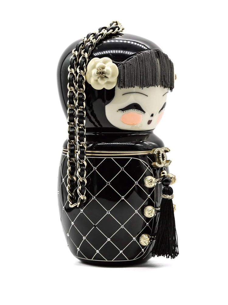 Black Plexiglass & Enamel Paris-Shanghai China Doll Minaudiere - rewindvintageofficial