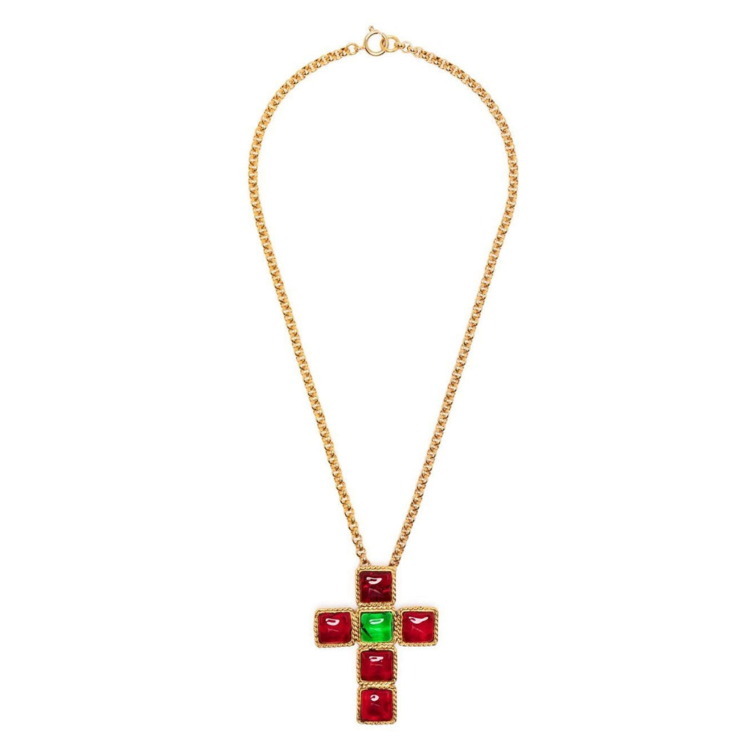 Gripoix Red and Green Cabochon Cross Motif Necklace - Rewind Vintage Affairs