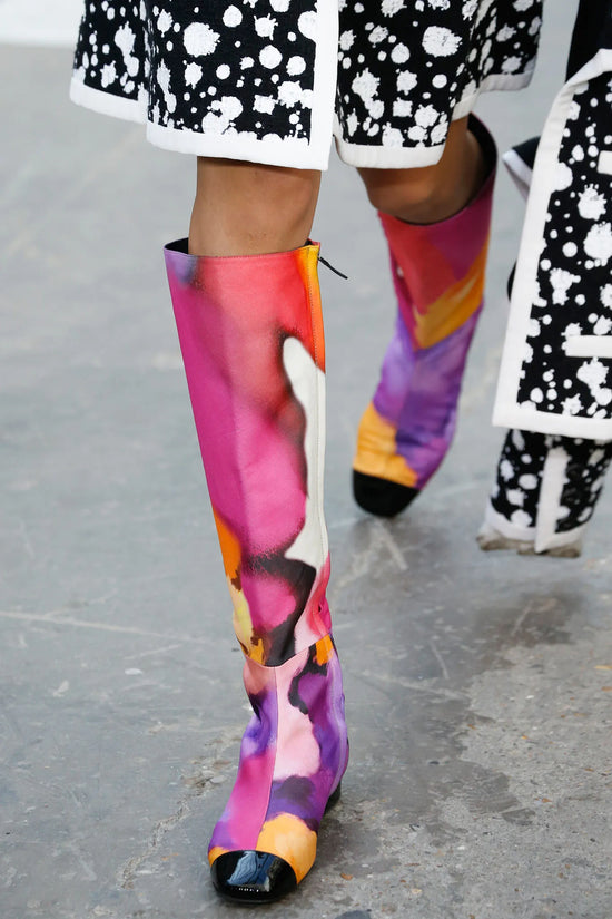 Chanel 2015 multicolour fabric shoes with vibrant patchwork design and stylish ankle-high silhouette.