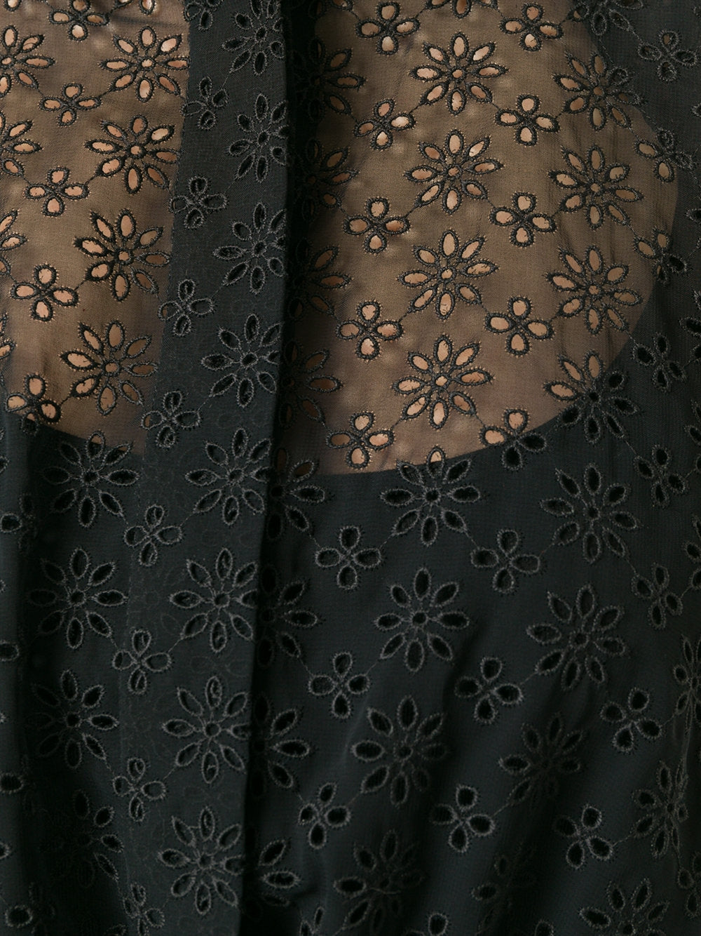Black sheer broderie blouse by Alaïa featuring delicate floral embroidery and lightweight, semi-transparent fabric.