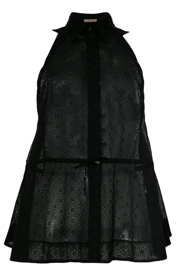 Black sheer broderie blouse by Alaïa, featuring delicate floral embroidery and lightweight, elegant design for stylish tops.