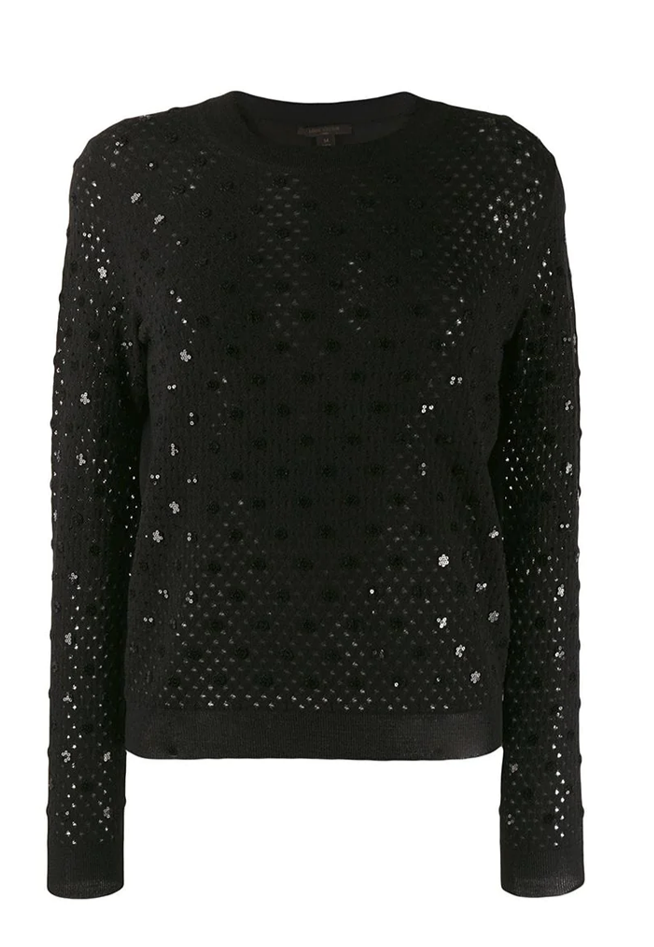 Black Louis Vuitton top with sequin embellishments, featuring a stylish and elegant design suitable for evening wear.