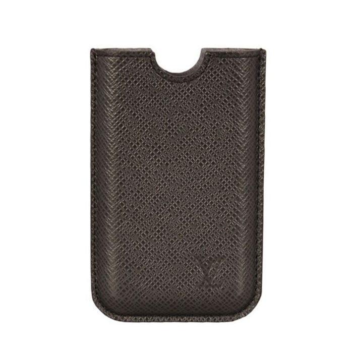 Black Taiga leather Louis Vuitton iPhone case shown on a phone, featuring a sleek, textured design and premium craftsmanship.