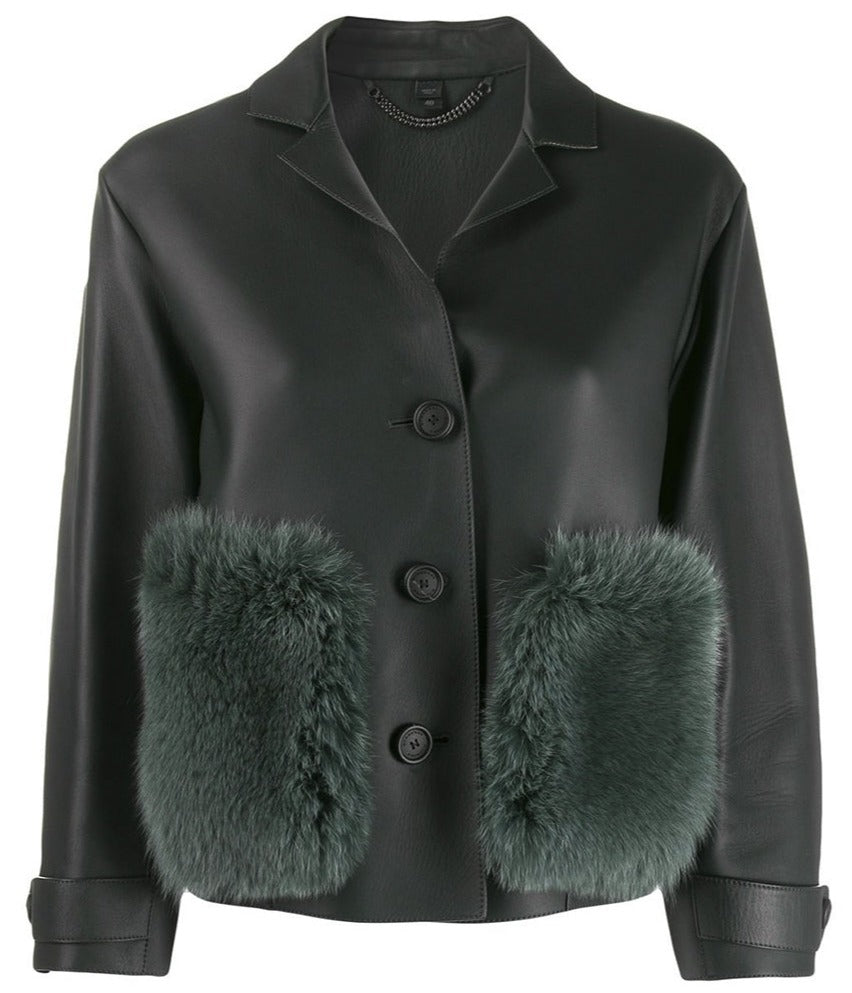 Burberry Prorsum black leather jacket with collar, button-front fastening, cropped silhouette, long sleeves, and oversized fur-trimmed front patch pockets.