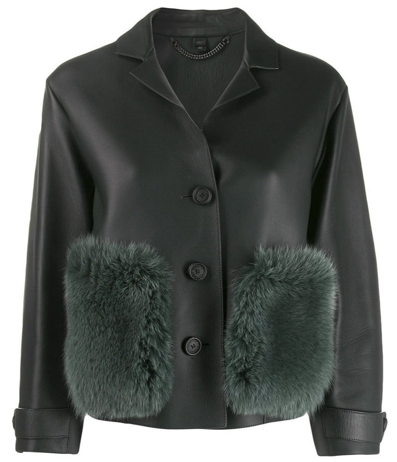 Black leather coat with fur trim from Prorsum, featuring a stylish design and classic collar, by Other Designers.