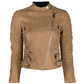 Celine camel leather biker jacket with asymmetric zip fastening, snap-button collar, quilted shoulder panels, silver-tone zip pockets, buckle waist details and fitted cropped silhouette.