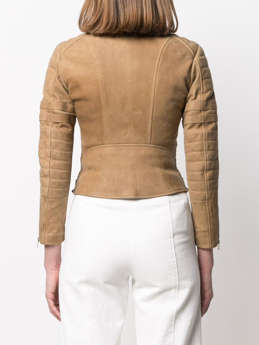 Celine camel leather jacket for women, stylish blazer with smooth texture and tailored fit, displayed on a hanger.