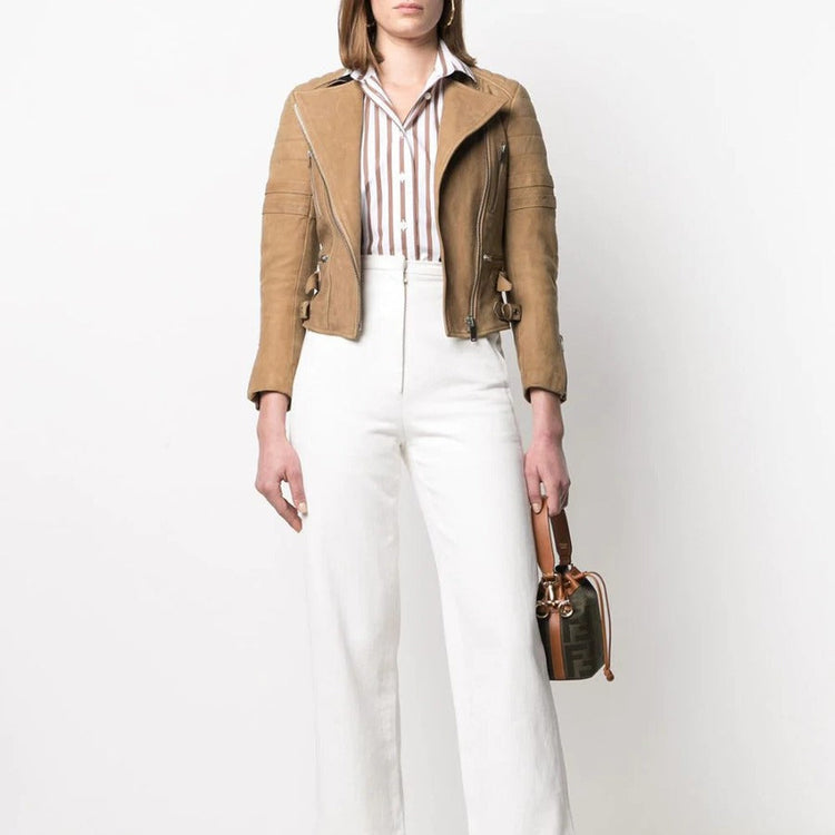Celine camel leather biker jacket with asymmetric zip fastening, snap-button collar, quilted shoulder panels, silver-tone zip pockets, buckle waist details and fitted cropped silhouette.