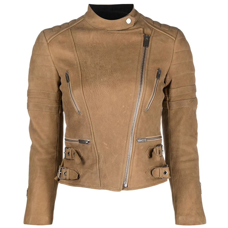 Celine camel leather biker jacket with asymmetric zip fastening, snap-button collar, quilted shoulder panels, silver-tone zip pockets, buckle waist details and fitted cropped silhouette.