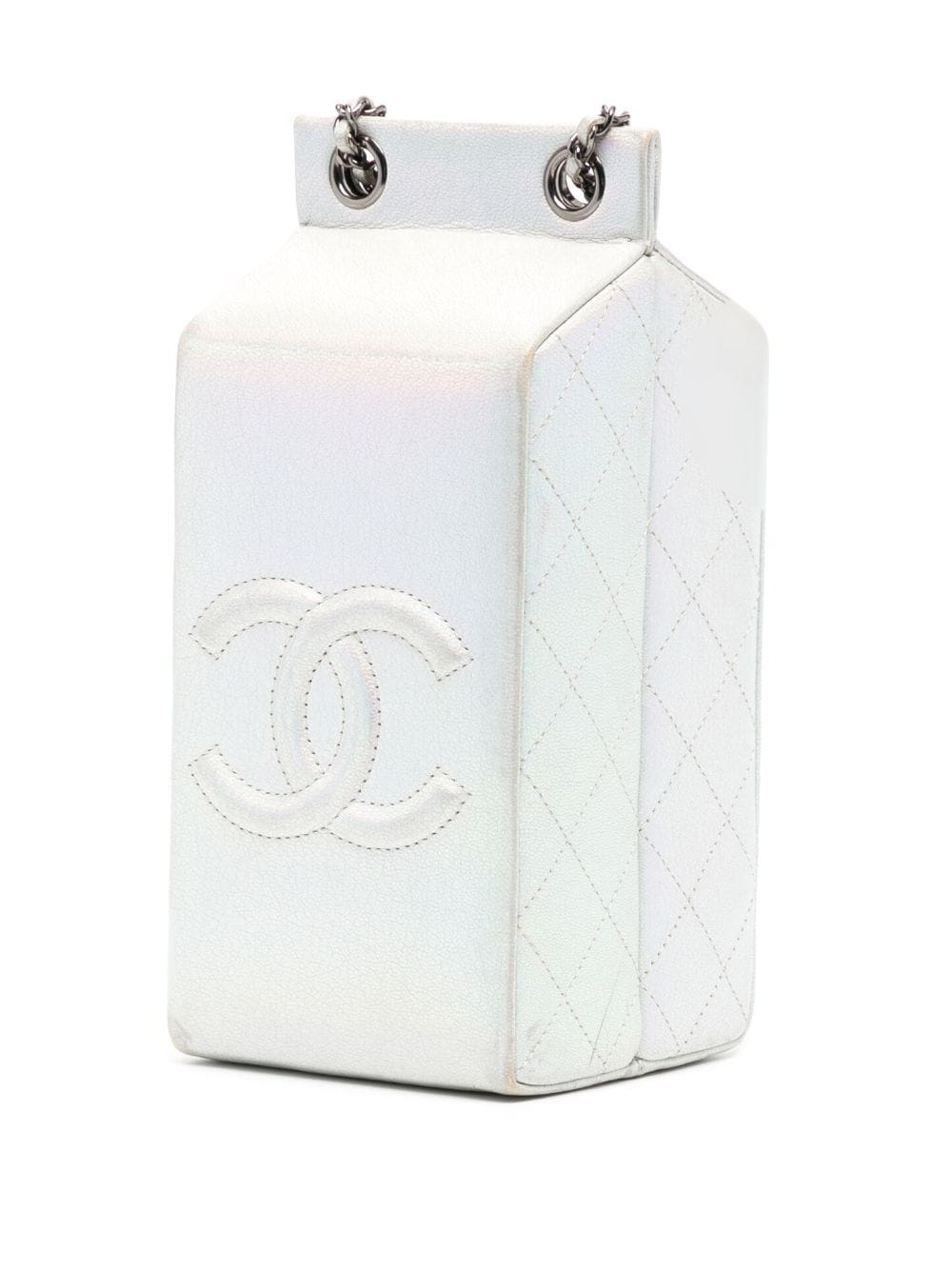 Detail of pearl and crystal lait de Coco lettering on Chanel bag
