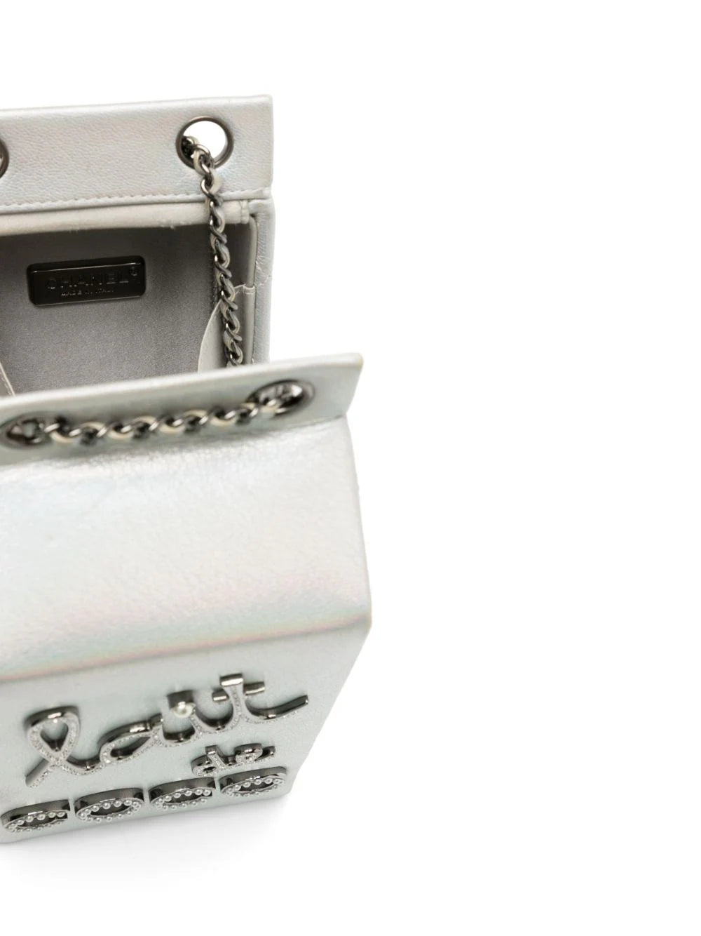 Chanel milk carton bag, angled view of silver goatskin finish