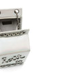 Chanel milk carton bag, angled view of silver goatskin finish