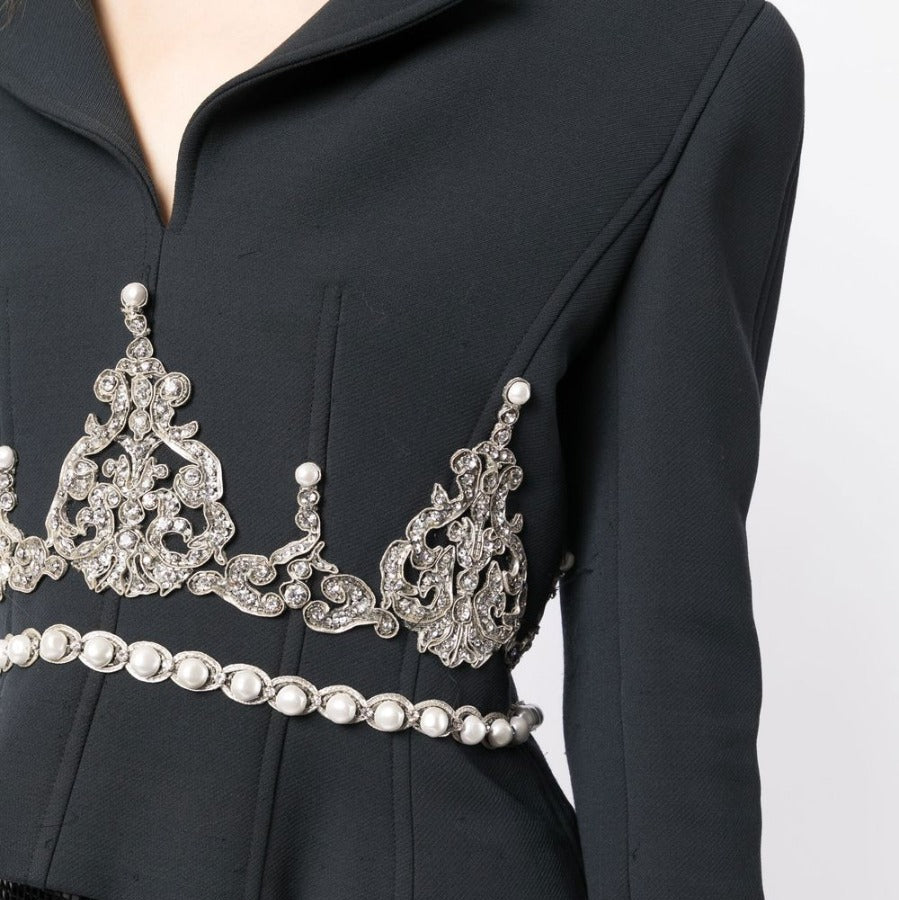 Chanel black blazer with rhinestone embellishments, tailored jacket featuring sparkling details and classic design.