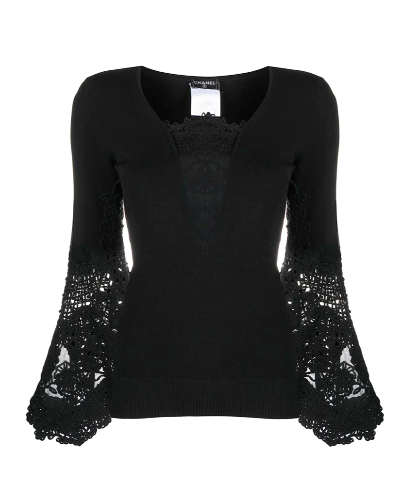 Chanel black crochet sleeve jumper, front view showing V-neckline and fitted silhouette