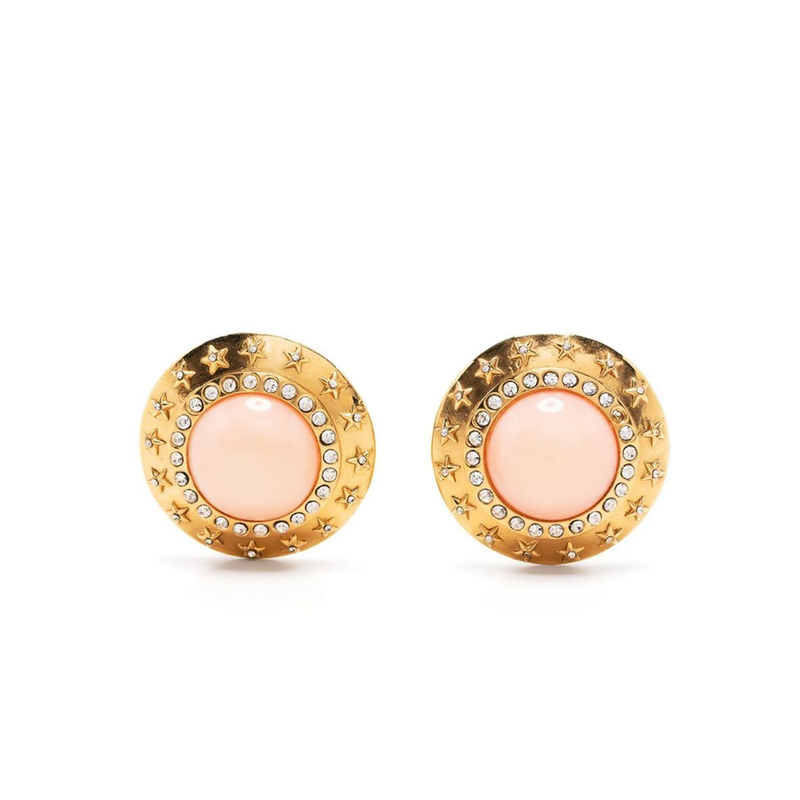 Chanel coral cabochon rhinestone earrings, front view of gold-toned clip-on design