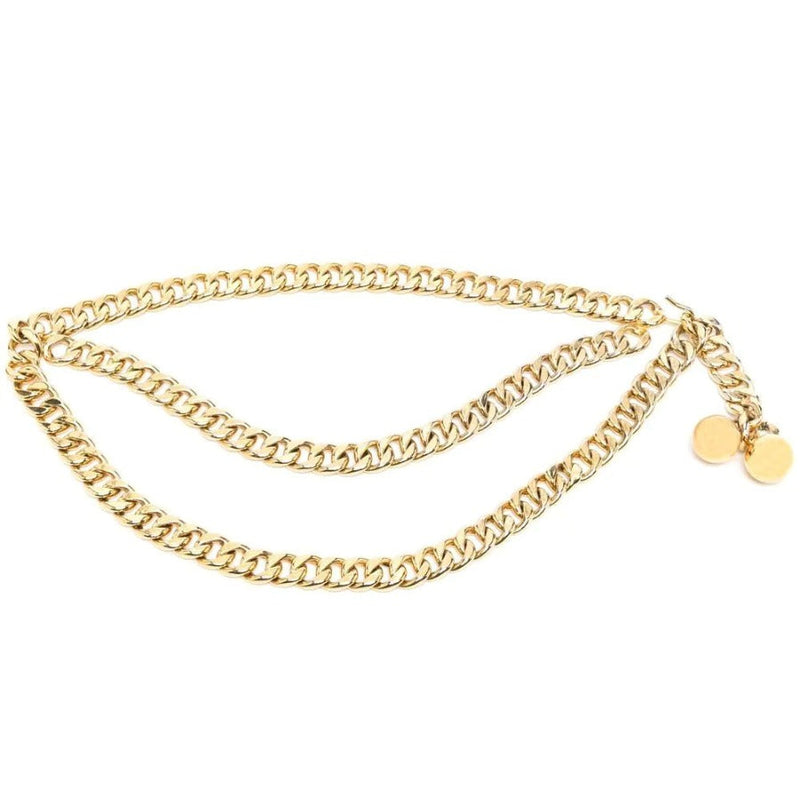Chanel curb-chain waist belt with gold-tone chain and black leather strap, stylish accessory for modern fashion.
