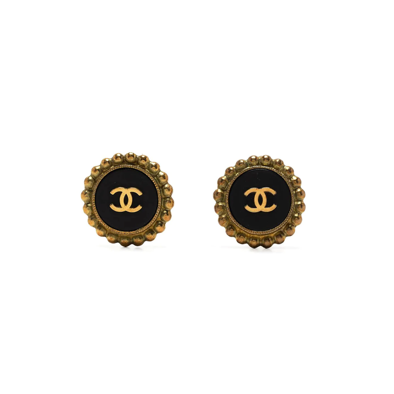 Chanel gold-tone CC button clip-on earrings, front view of pair
