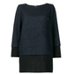 Chanel layered straight blouse with multiple fabric panels, long sleeves, and classic design, shown on a mannequin.