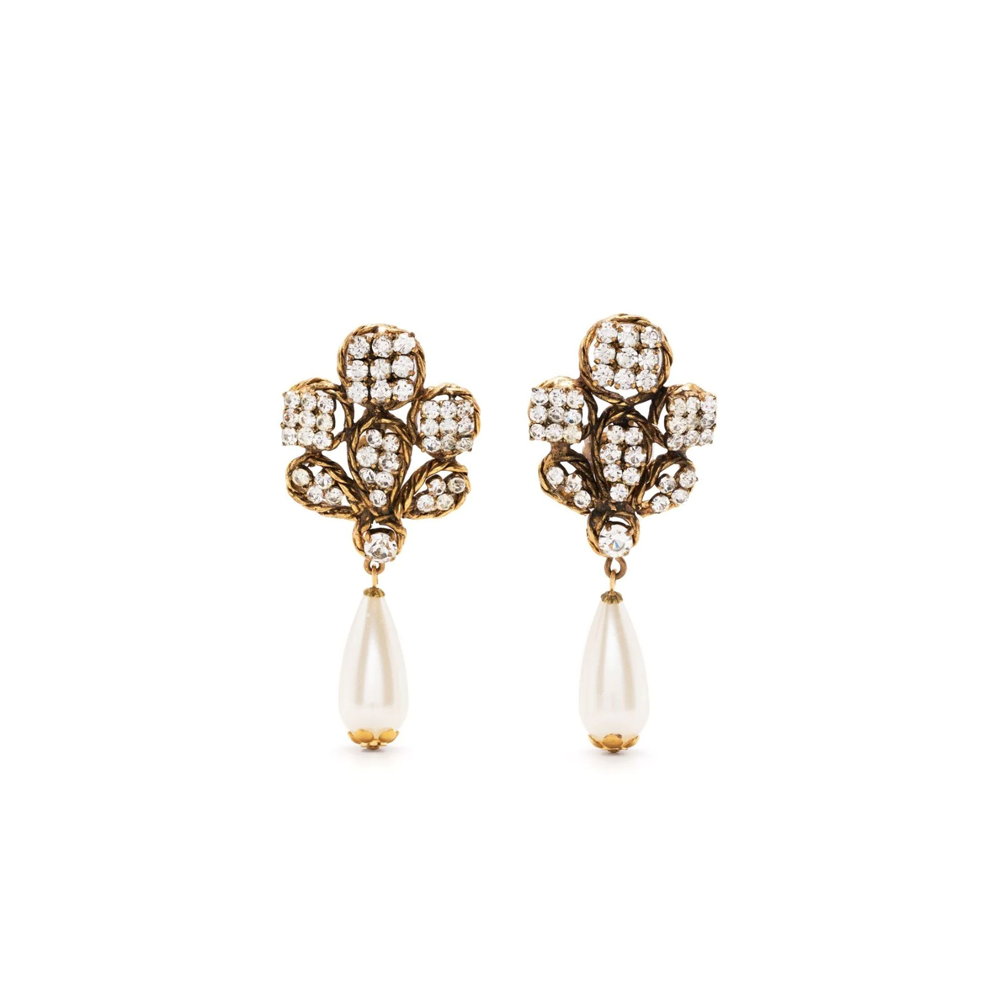 Chanel pearl-effect and crystal earrings, front view of floral design