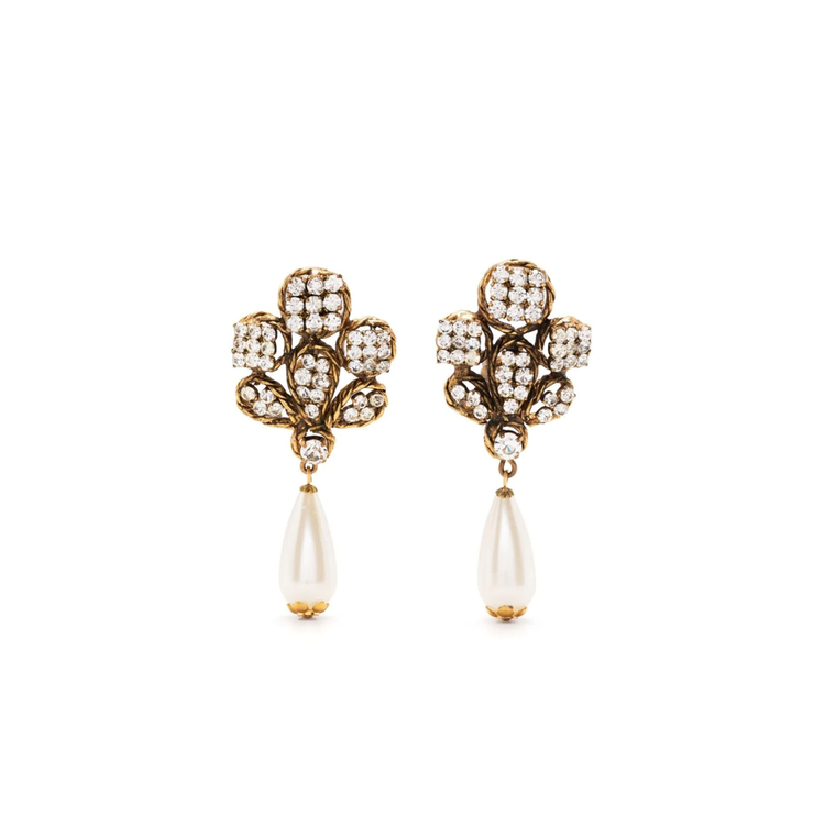 Chanel pearl-effect and crystal earrings, front view of floral design