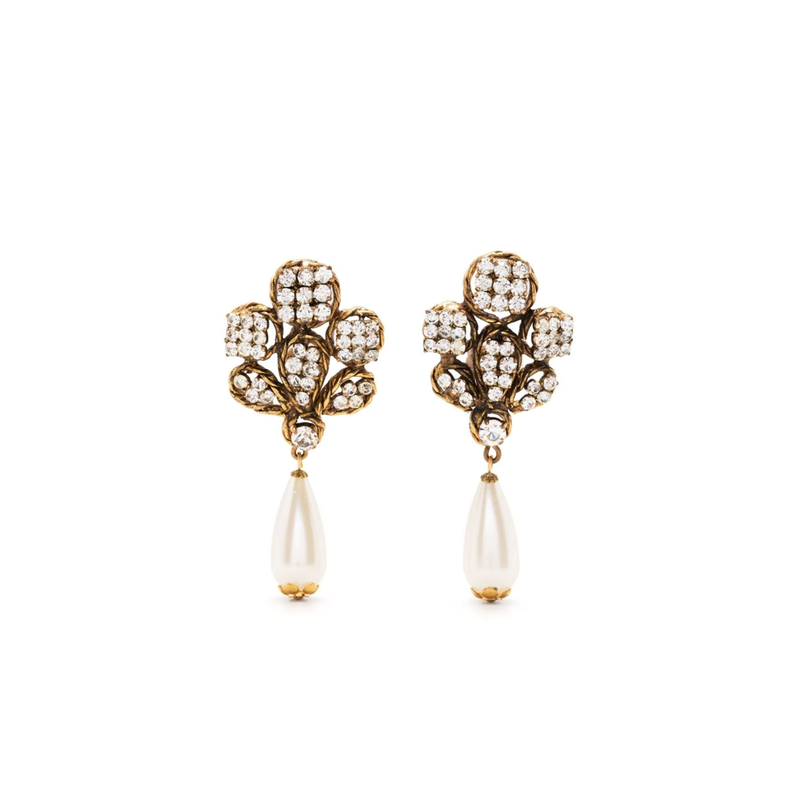 Chanel pearl-effect and crystal earrings, front view of floral design