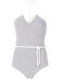 Chanel white and black chevron patterned halterneck swimsuit featuring a stylish swimwear design.