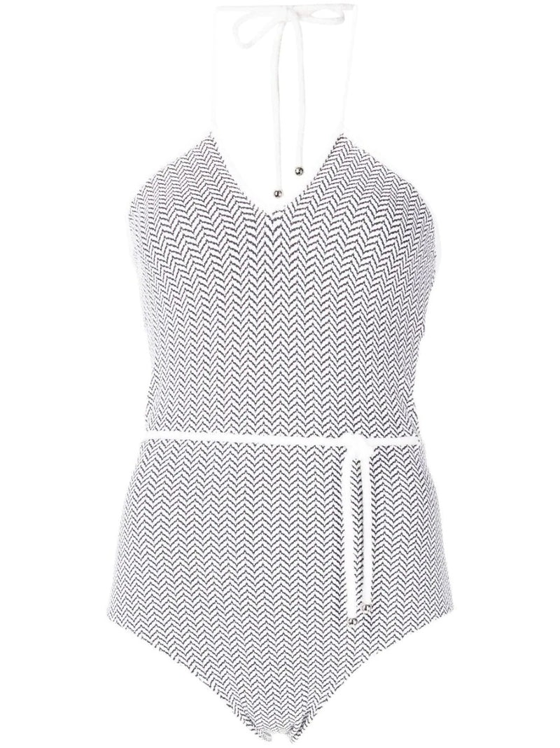Chanel white and black chevron patterned halterneck swimsuit featuring a stylish swimwear design.